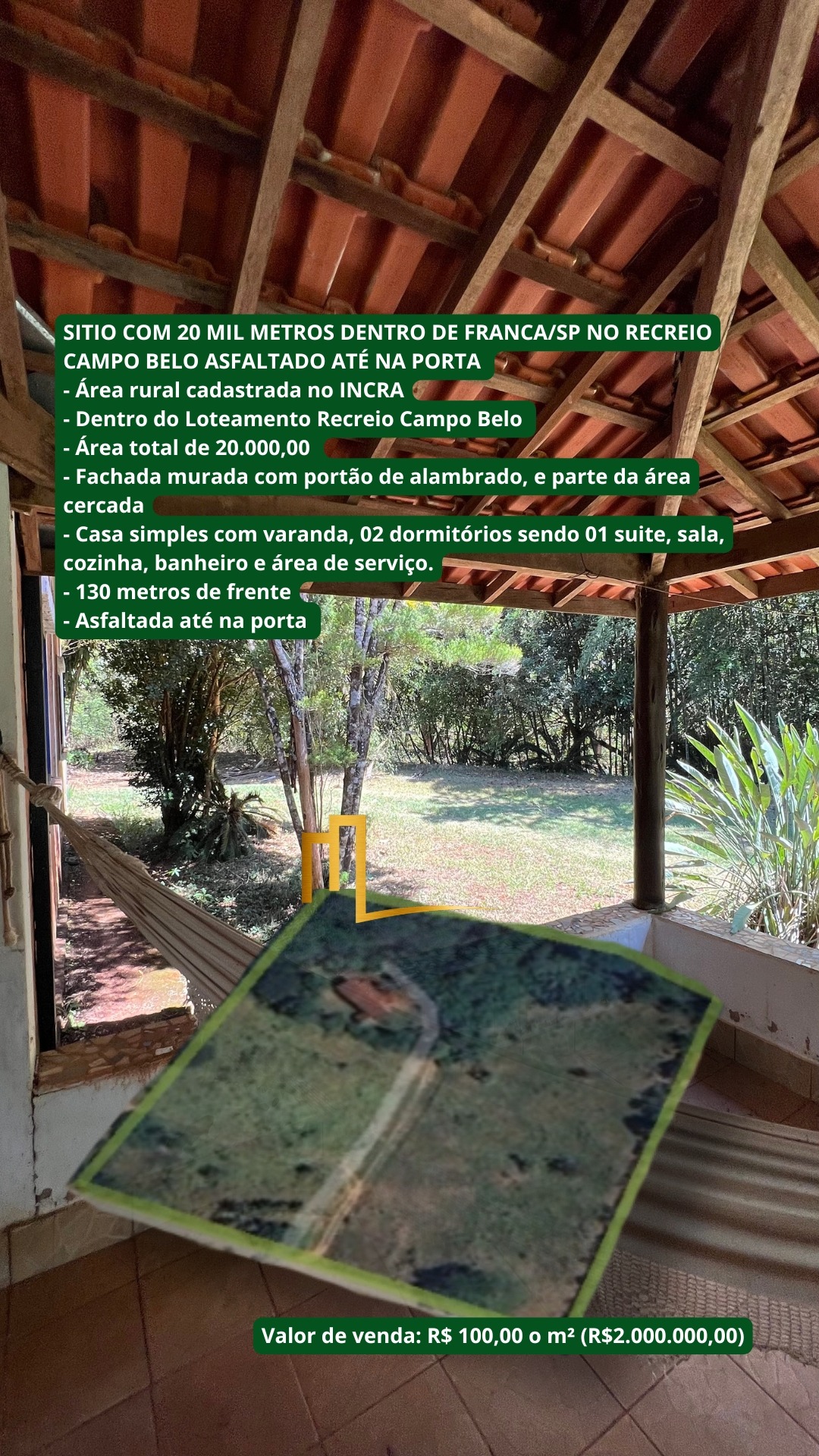 SITIO COM 20 MIL METROS DENTRO DE FRANCA/SP NO RECREIO CAMPO BELO ASFALTADO ATÉ NA PORTA  - Área rural cadastrada no INC