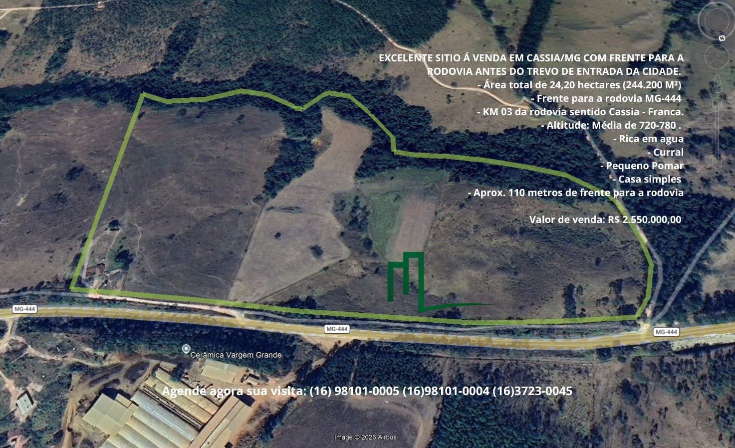 EXCELENTE SITIO À VENDA EM CASSIA/MG COM FRENTE PARA A RODOVIA ANTES DO TREVO DE ENTRADA DA CIDADE. - Área total de 24,