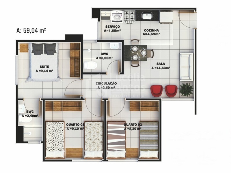 Apartamento à venda com 3 quartos, 59m² - Foto 1