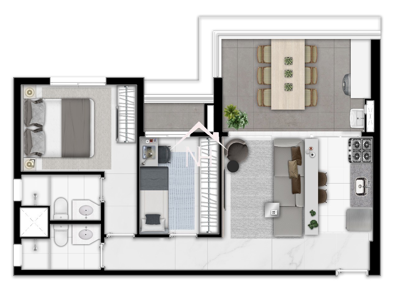Apartamento de 59m c/ 2 dormitórios (1 suíte),1 vaga, terraço gourmet, brinquedoteca, piscinas, quadra, bicicletário, coworking, academia, playground